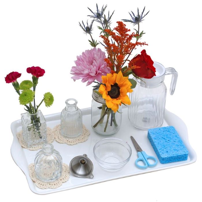 Montessori flower arranging tray with tools and flowers